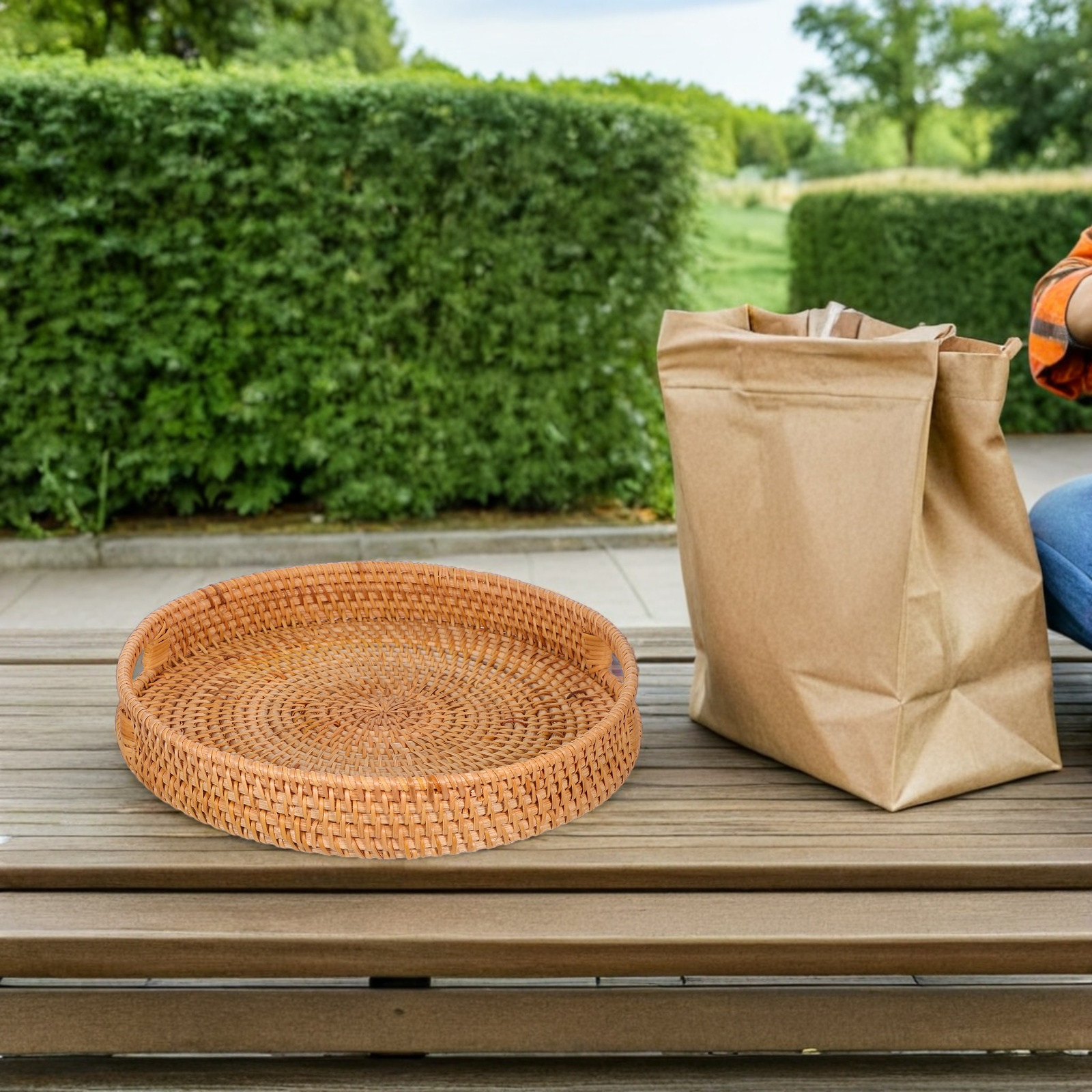 Rattan Tray Handle - 14-Inch Woven Rattan Tray Round Shape
